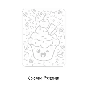 Coloring page of a kawaii cupcake
