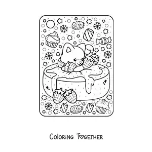 Coloring page of a strawberry cake with a kawaii dog