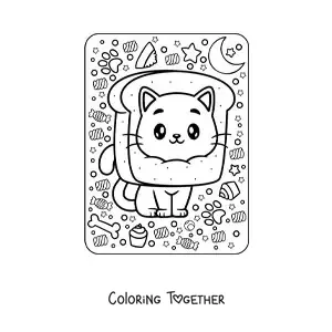 Coloring page of a kawaii cat with bread