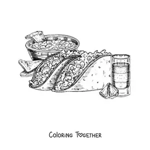 Coloring page of two tacos with a glass of tequila and nachos in the background