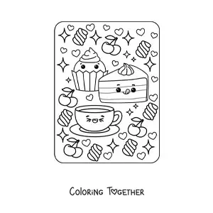 Coloring page of a kawaii cupcake and sweet cake with coffee