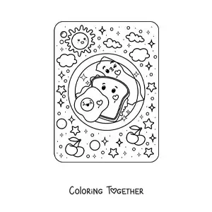 Coloring page of a kawaii sandwich breakfast with egg and bacon