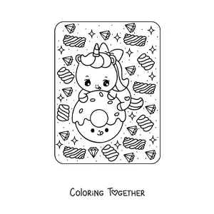 Coloring page of a kawaii unicorn with a donut
