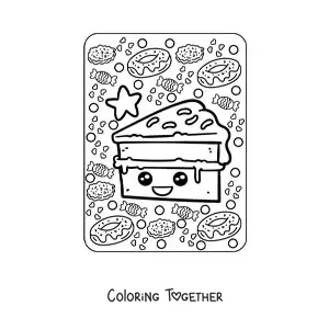 Coloring page of a big kawaii slice of cake