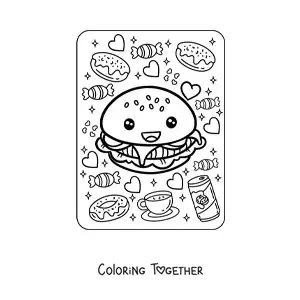 Coloring page of a big kawaii hamburger
