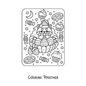Coloring page of a red panda on a kawaii strawberry cake