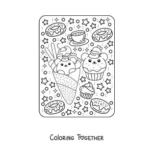 Coloring page of kawaii teddy bear ice cream and a cupcake