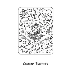 Coloring page of an animated mushroom and broccoli with a kawaii picnic chick