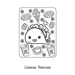 Coloring page of a big kawaii taco