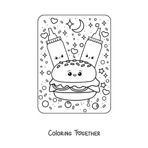 Coloring page of big kawaii sauces and a hamburger