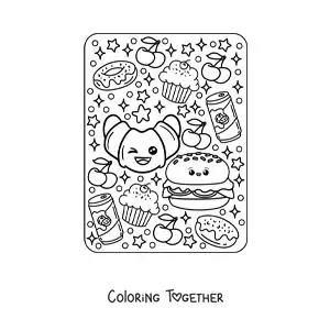 Coloring page of a big kawaii croissant and hamburger