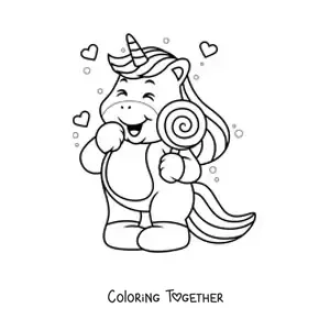 Coloring page of a unicorn with a lollipop