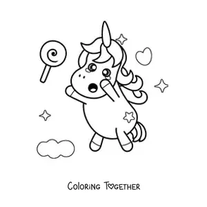 Coloring page of an easy kawaii unicorn with a lollipop
