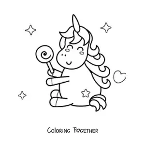 Coloring page of a kawaii unicorn with a lollipop