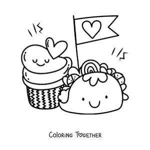 Coloring page of a kawaii taco with a cupcake