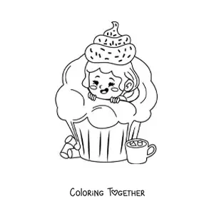 Coloring page of a girl inside a cupcake