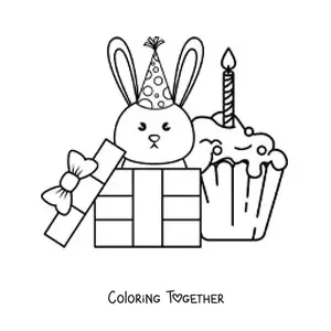 Coloring page of a kawaii rabbit with a birthday cupcake
