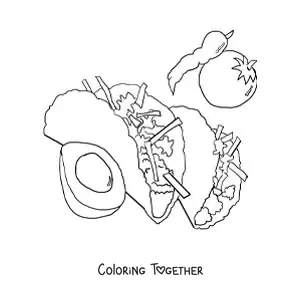 Coloring page of two tacos with their ingredients around them