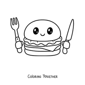 Coloring page of a kawaii hamburger with cutlery