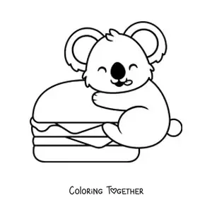 Coloring page of a kawaii koala with a hamburger