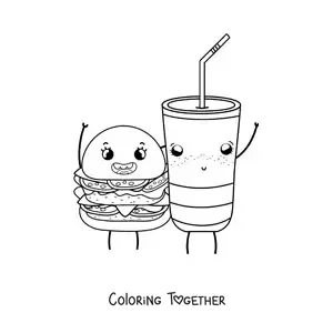 Coloring page of a kawaii hamburger and soda