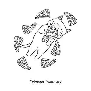Coloring page of a cat eating pizza