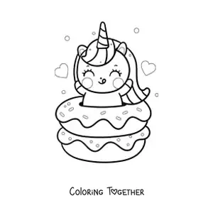 Coloring page of a kawaii unicorn with donuts