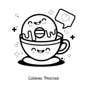 Coloring page of a big kawaii donut and coffee