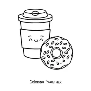 Coloring page of a kawaii donut and coffee