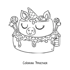 Coloring page of a unicorn cake