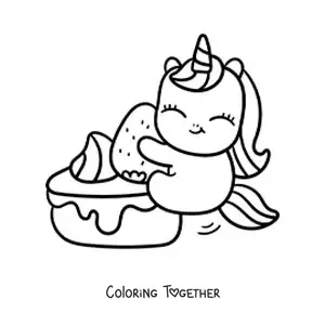 Coloring page of a kawaii unicorn with a strawberry cake