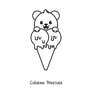 Coloring page of a kawaii bear with ice cream