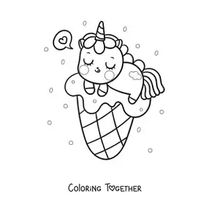 Coloring page of a kawaii unicorn on top of ice cream