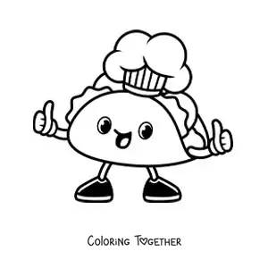 Coloring page of an animated chef taco giving a thumbs up