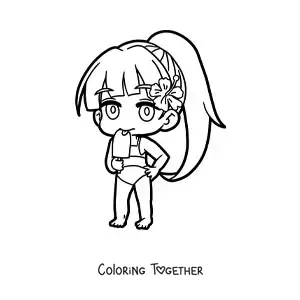 Coloring page of a kawaii Japanese doll in a bikini eating an ice pop