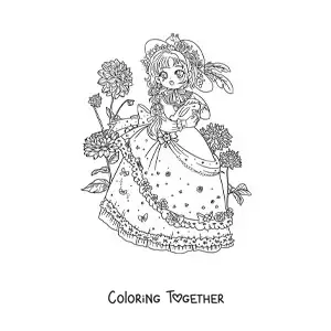 Coloring page of a kawaii anime girl in lolita style