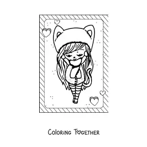 Coloring page of a kawaii doll with a cat ear hat
