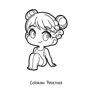 Coloring page of a kawaii girl sitting in a swimsuit