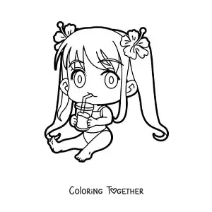 Coloring page of a kawaii girl sitting in a swimsuit with a drink