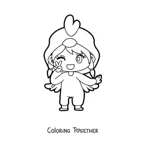Coloring page of a kawaii doll in a hen costume