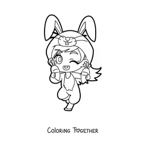 Coloring page of a kawaii doll in a rabbit costume