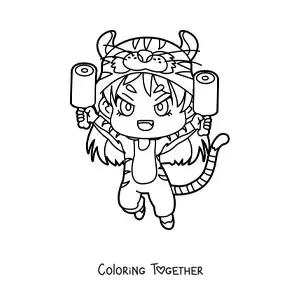 Coloring page of a kawaii doll in a tiger costume