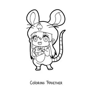 Coloring page of a kawaii doll in a mouse costume