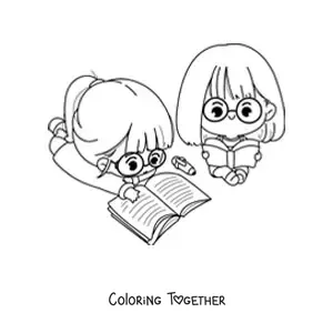 Coloring page of kawaii girls studying