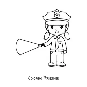 Coloring page of a kawaii policewoman with a flashlight
