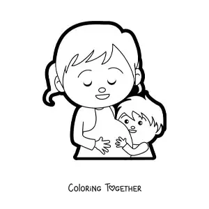 Coloring page of a pregnant mom with her child