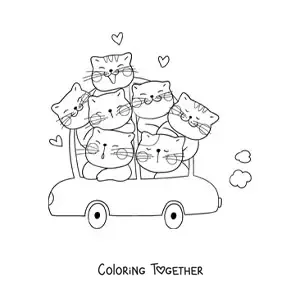 Coloring page of kawaii cats in a car