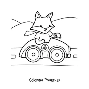 Coloring page of a cartoon kawaii fox driving a car