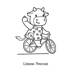 Coloring page of a cartoon kawaii cow riding a bike