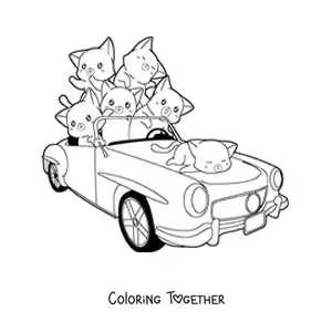 Coloring page of cute kittens in a car